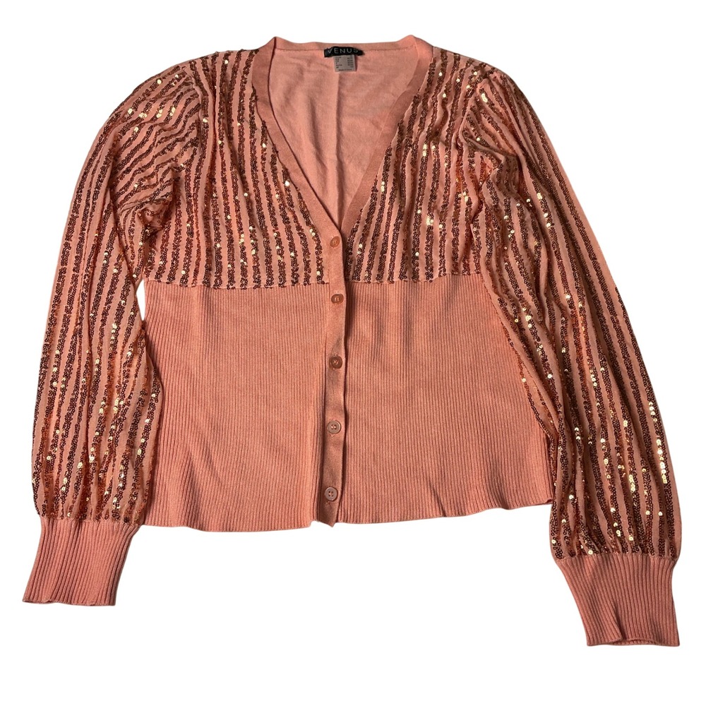 Venus Sequin Cardigan Top XL Coral Pink Long Sleeve Knit Party Sparkle